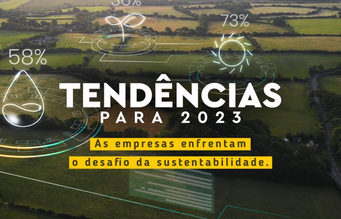 Paisagem rural com campos verdes com titulo destaque tendências para 2023