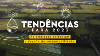 Paisagem rural com campos verdes com titulo destaque tendências para 2023